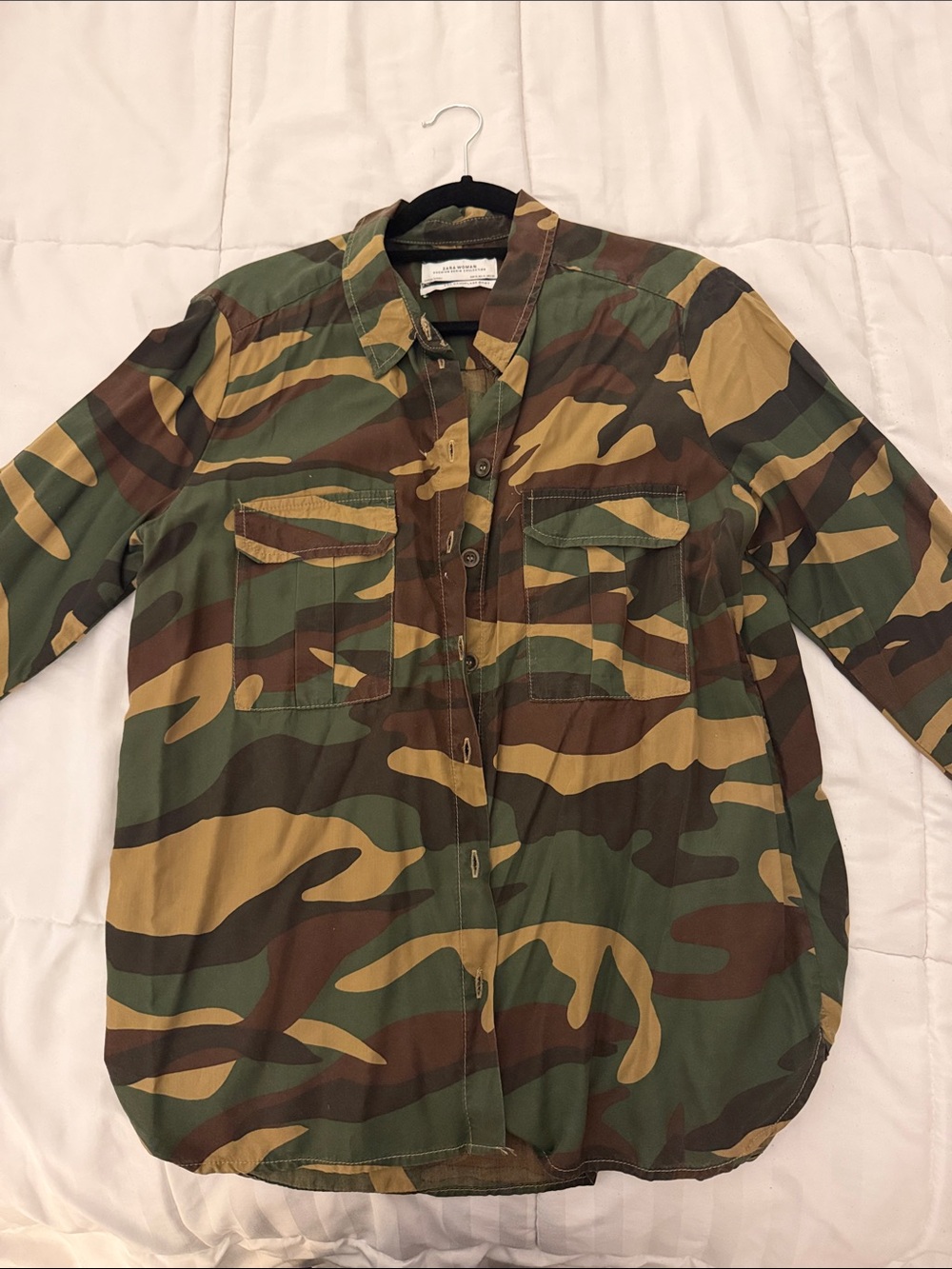 Zara Women's Camo Button-Down Shirt - Green, Brown, Tan